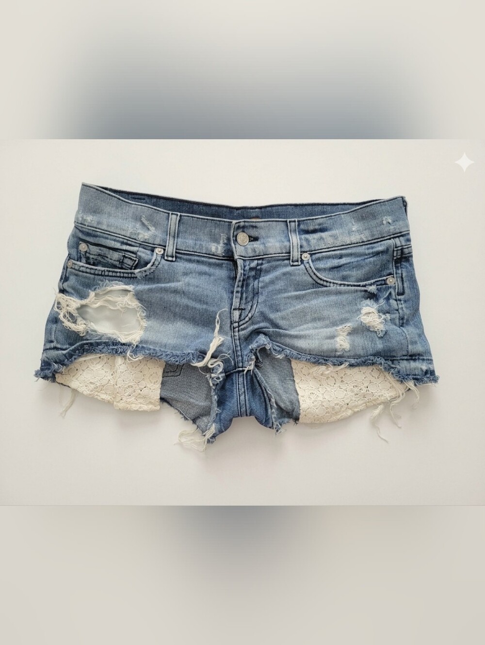 7 For All Mankind Distressed Light Blue Denim Short Shorts